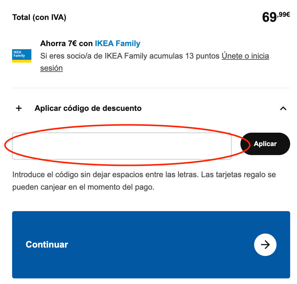 Paso 2 de como aplicar un codigo descuento Ikea