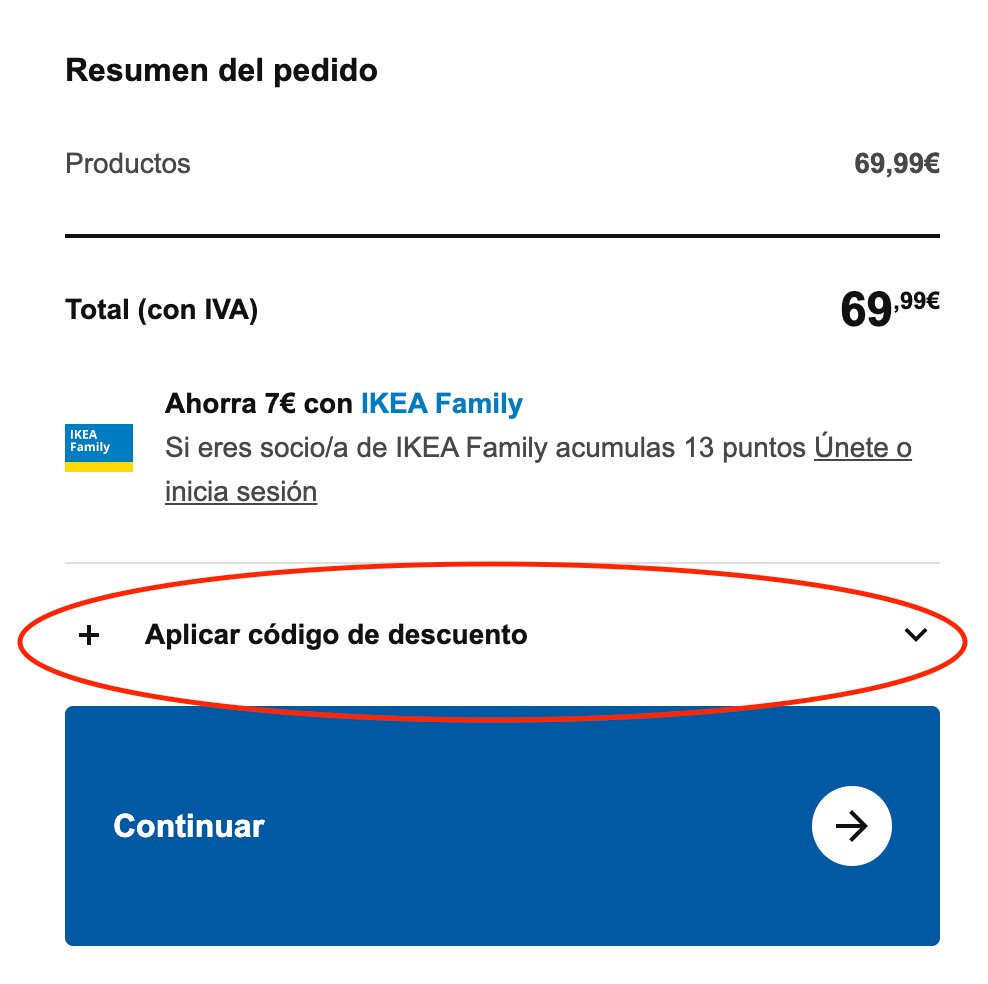 Paso 1 de como aplicar un codigo descuento Ikea