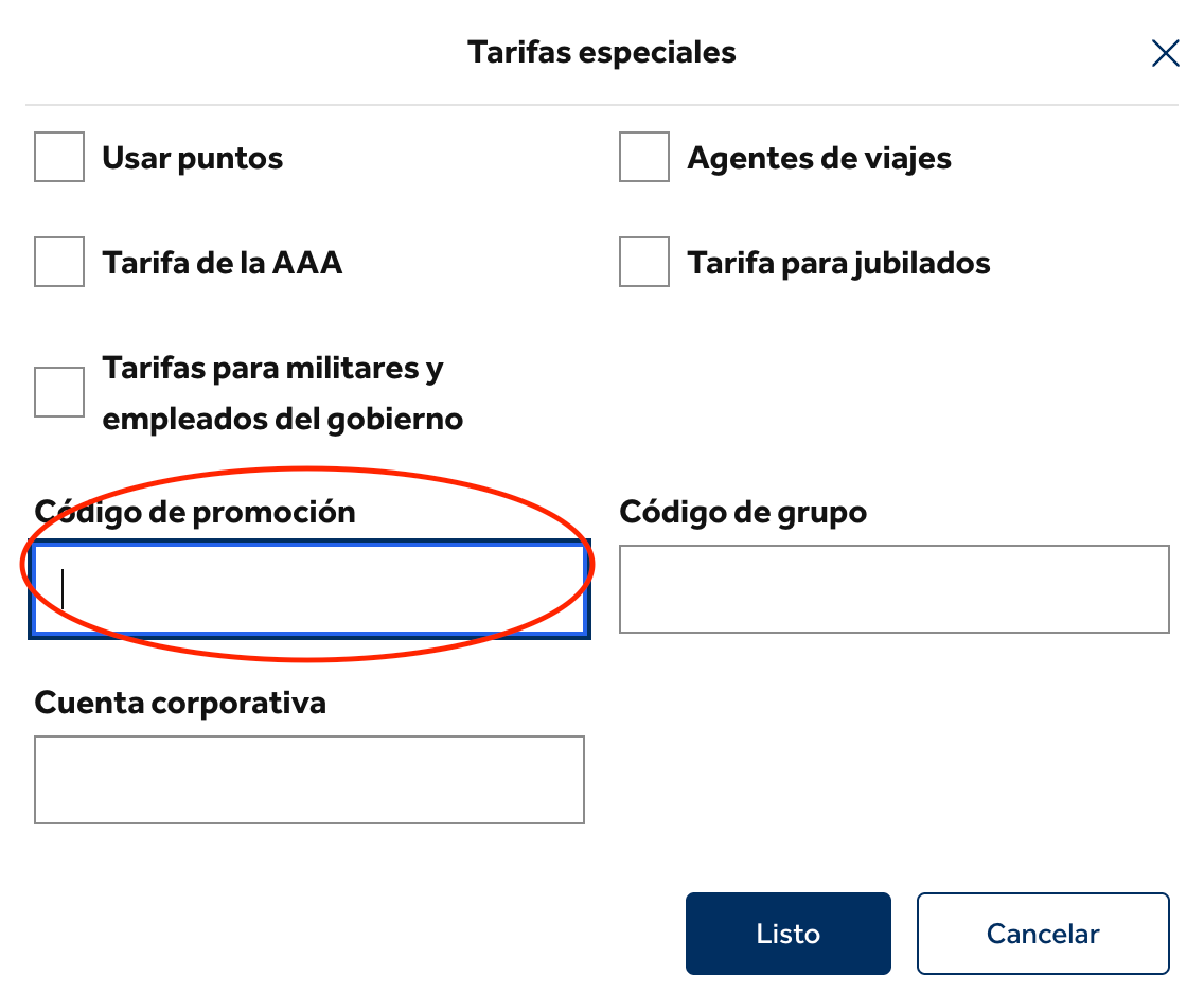 Casilla para aplicar el codigo descuento Hilton
