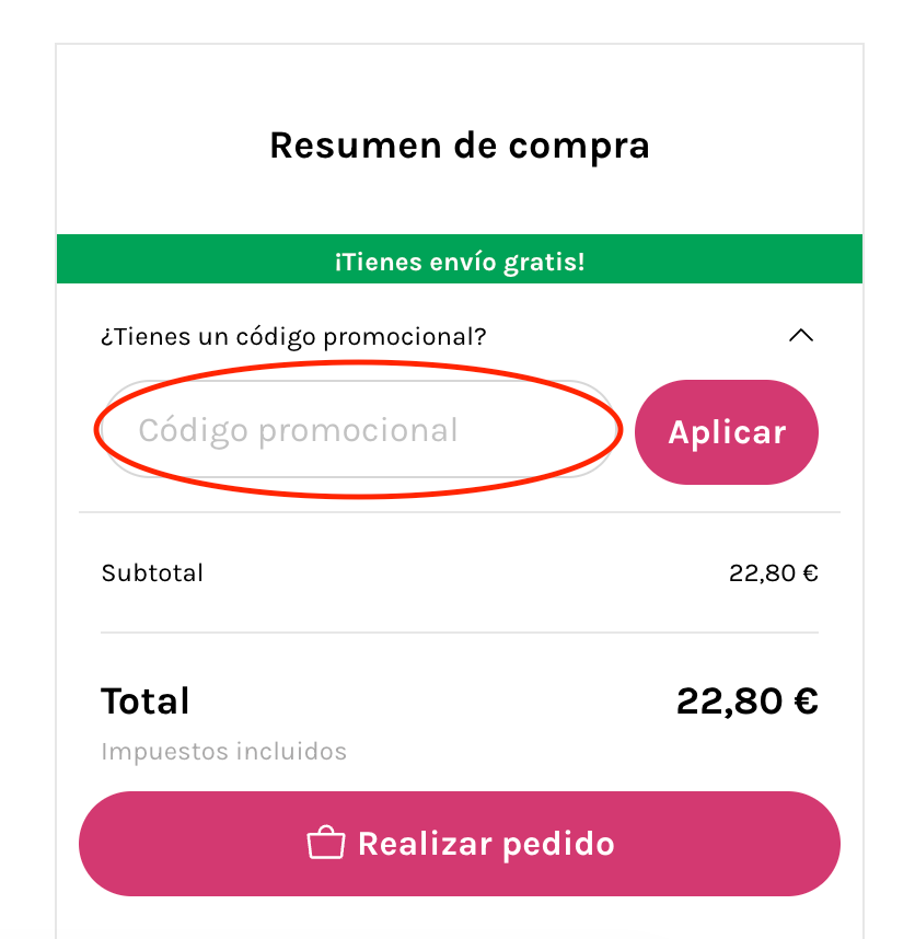 Casilla para aplicar el codigo descuento Druni