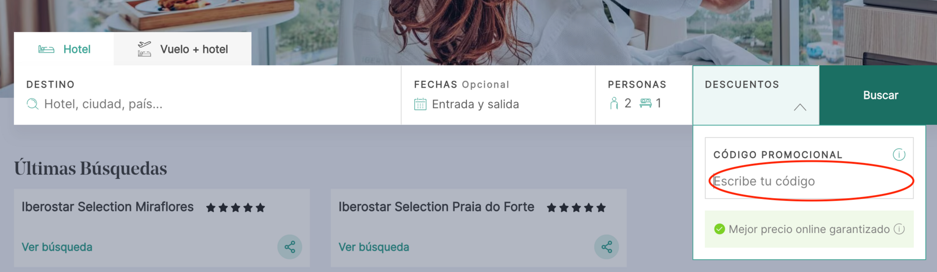 Paso 2 para aplicar el codigo promocional Iberostar