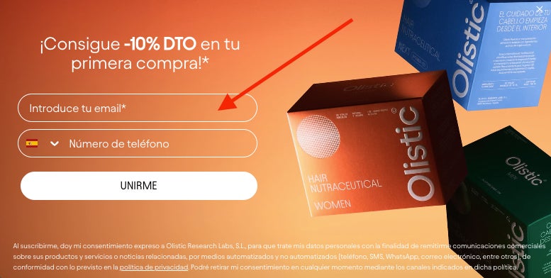 Pop-up de suscripcion a la newsletter de Olistic.