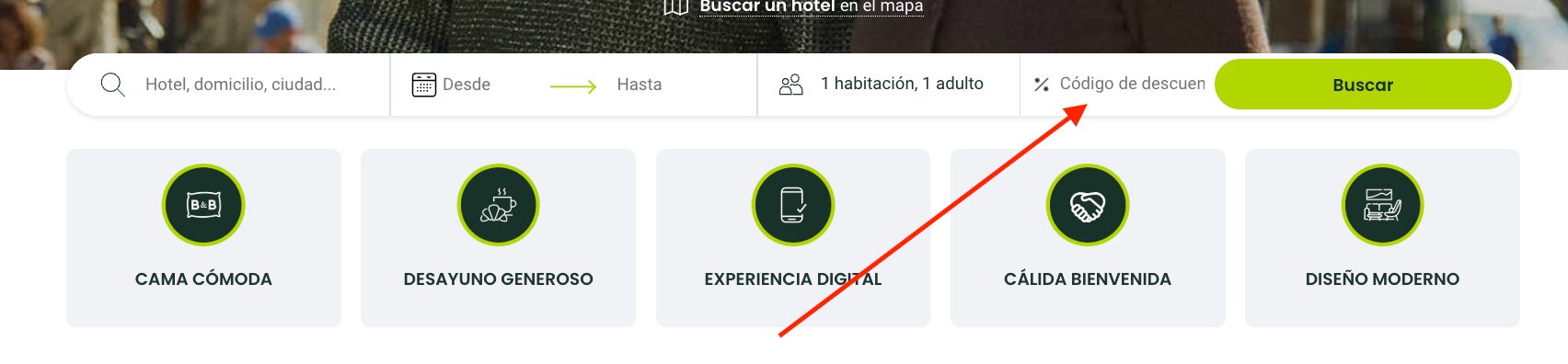 Casilla para aplicar el codigo promocional B&B Hotels