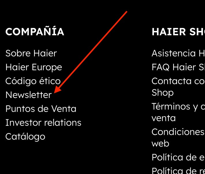 Boton de suscripcion a la newsletter de Haier