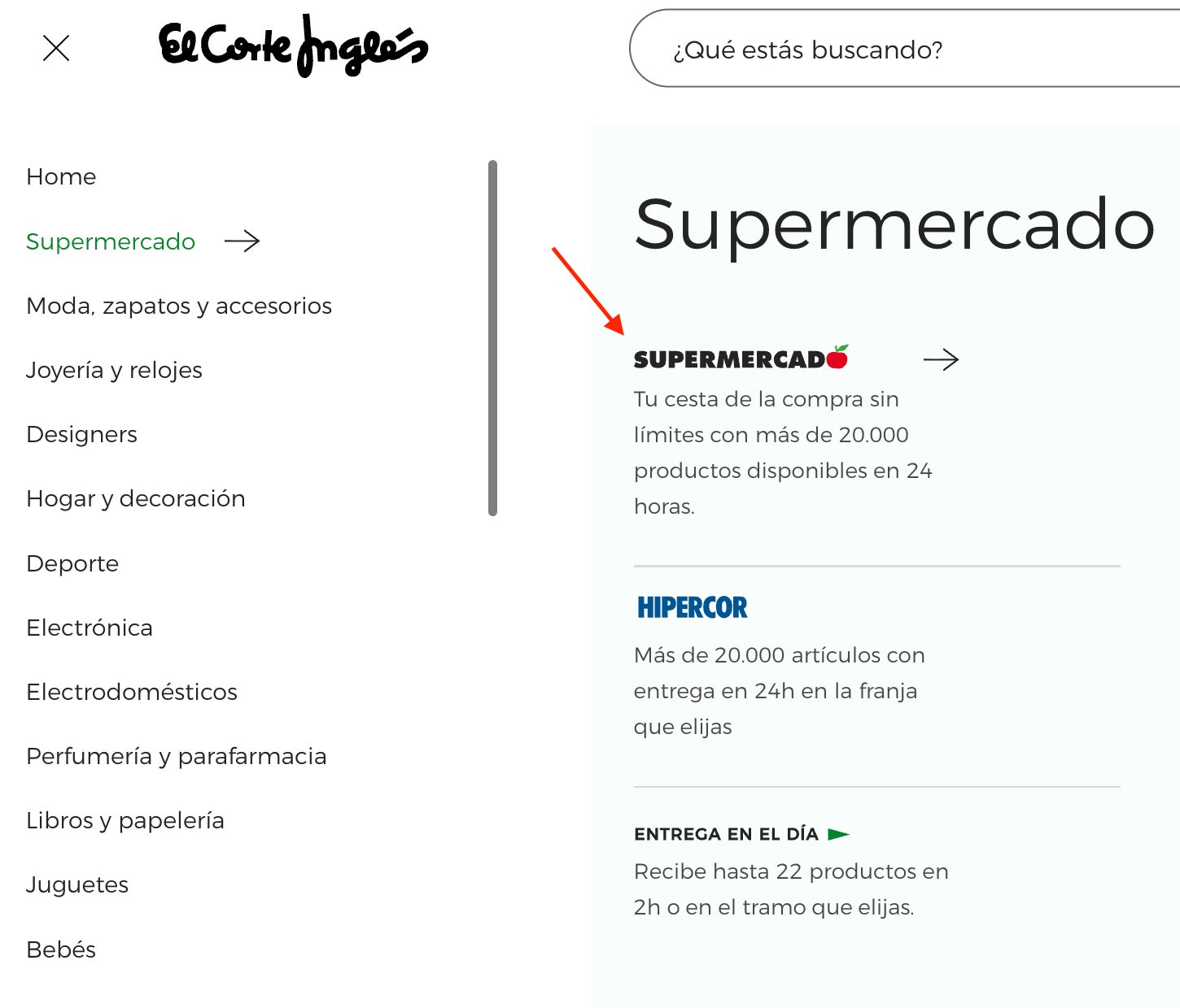 Menu Supermercado El Corte Ingles online
