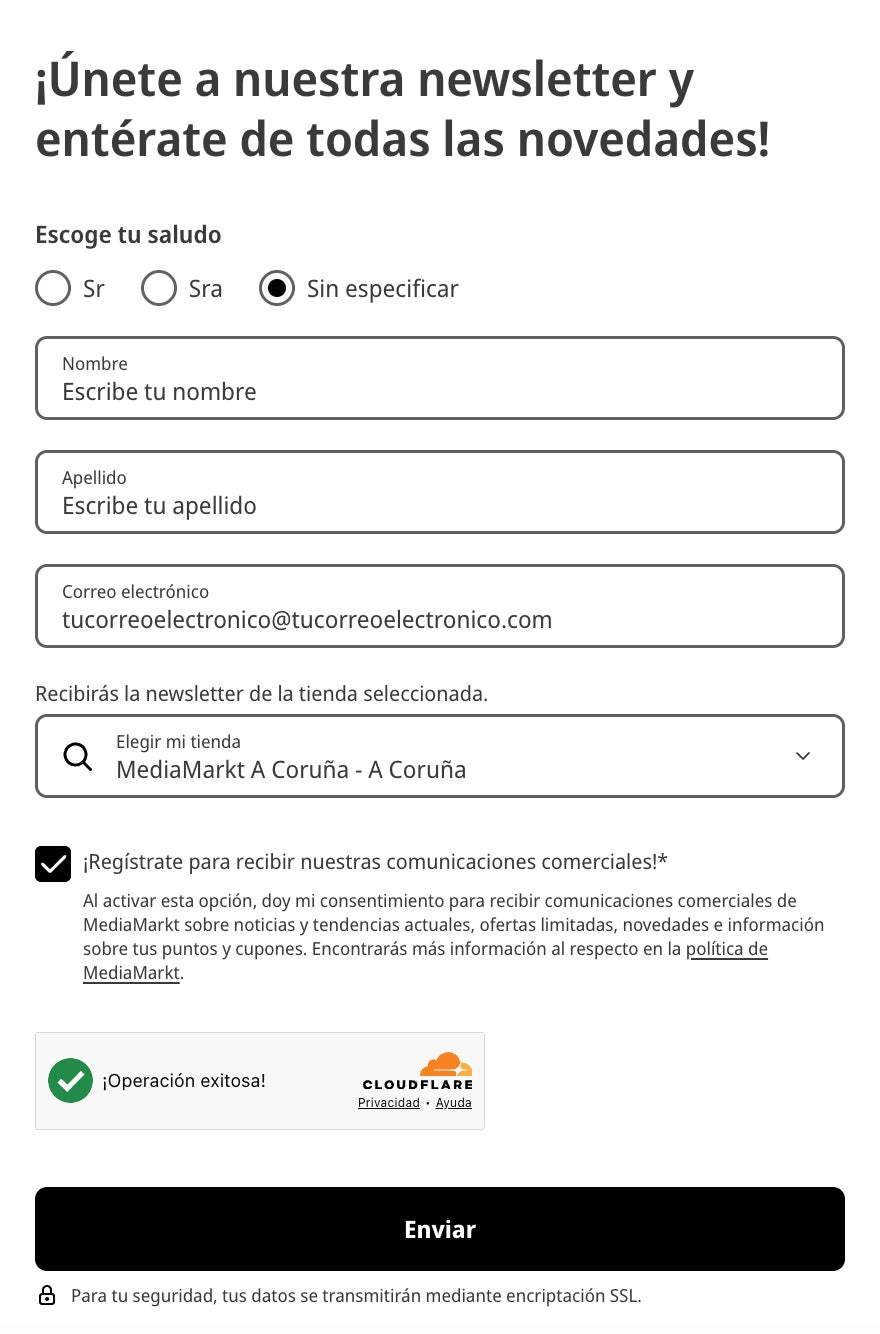 Formulario de suscripcion a la newsletter de MediaMarkt