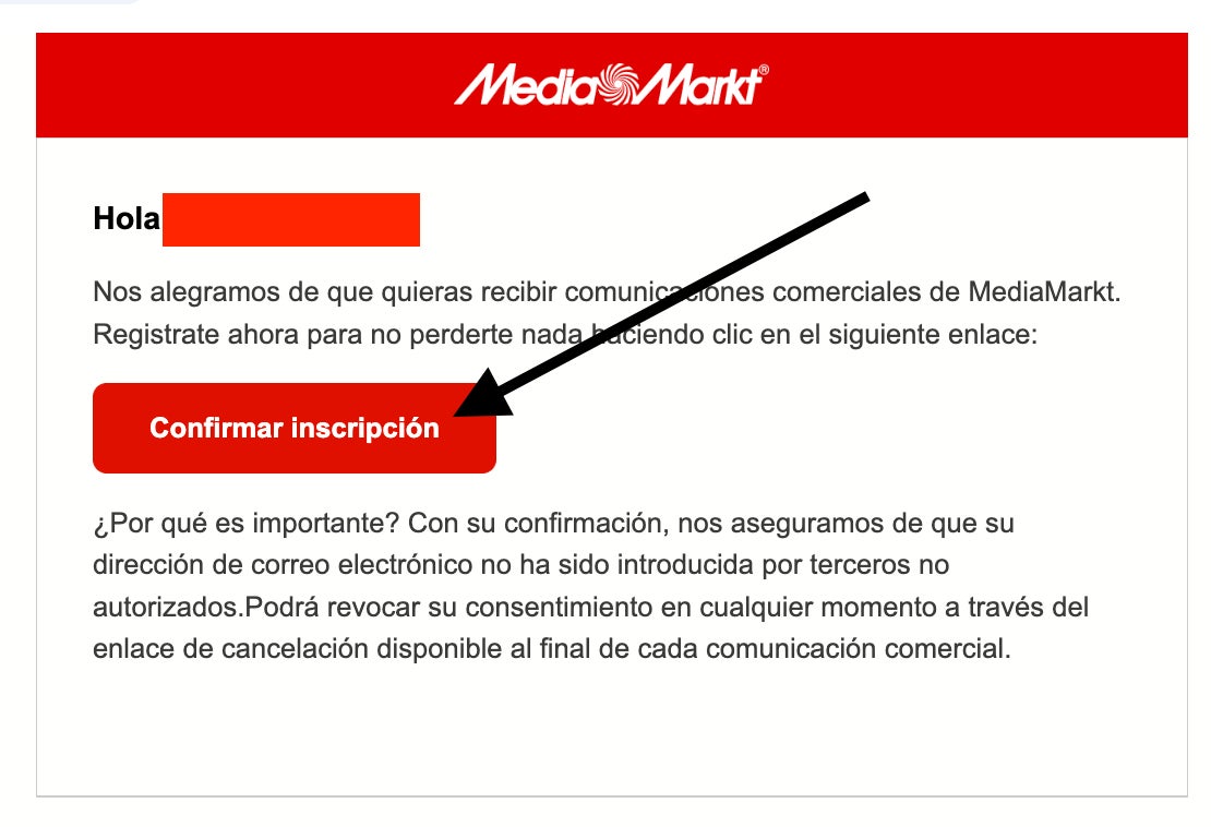 Correo de confirmacion de suscripcion a la newsletter de MediaMarkt