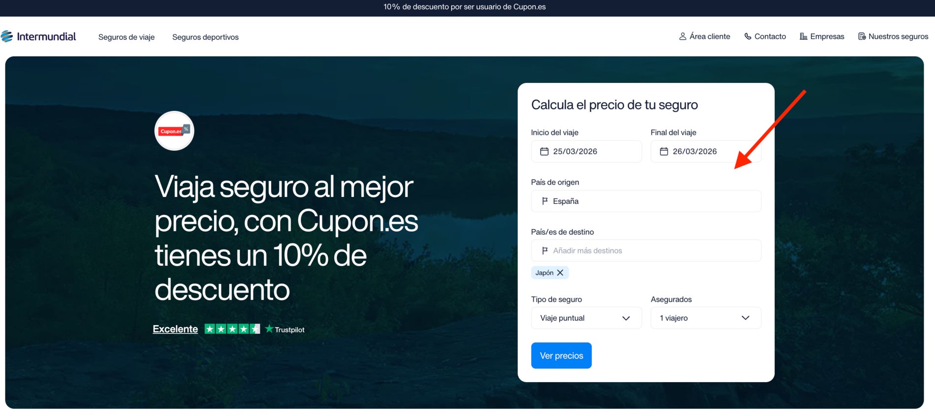 Pagina web de Intermundial con Cupon.es que proporciona 10% de descuento exclusivo