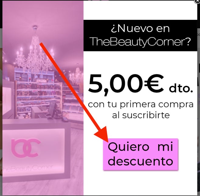 Boton para conseguir el codigo descuento TheBeautyCorner de 5 euros