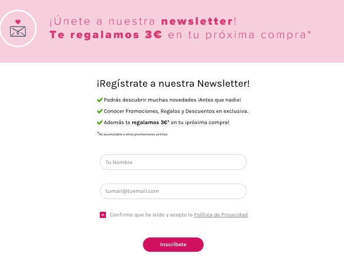 Formulario de suscripcion a Druni y cupon descuento de 3 euros