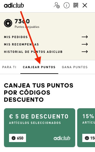 Apartado para canjear puntos adiclub por codigo descuento adidas