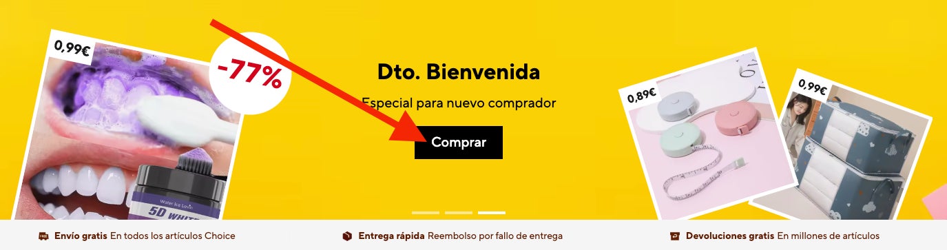 Boton de descuentos de Aliexpress para nuevos usuarios