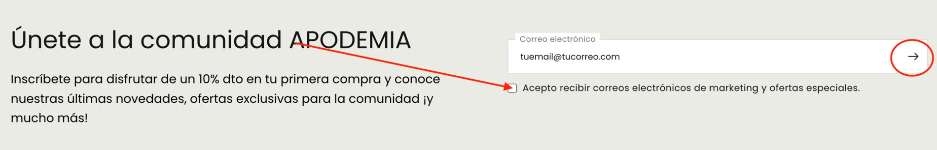 Casilla de suscripcion a la newsletter de Apodemia para recibir el cupon del 10 por ciento