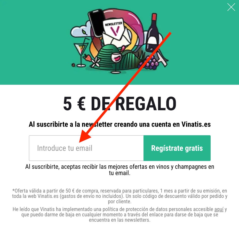 Pop-up de suscripcion a la newsletter para recibir el codigo descuento Vinatis