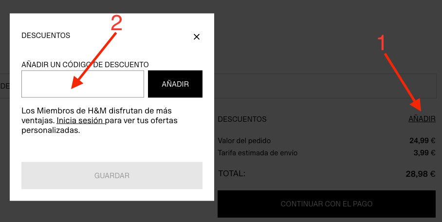 Donde añadir el codigo descuento H&M