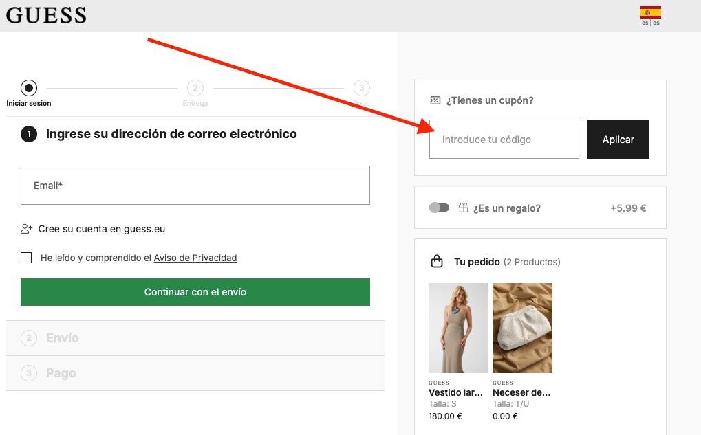 Donde aplicar el codigo descuento Guess