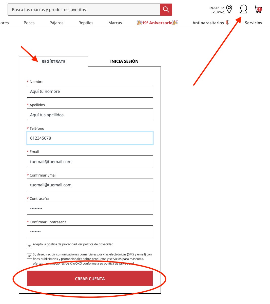 Formulario para crear una cuenta en Kiwoko