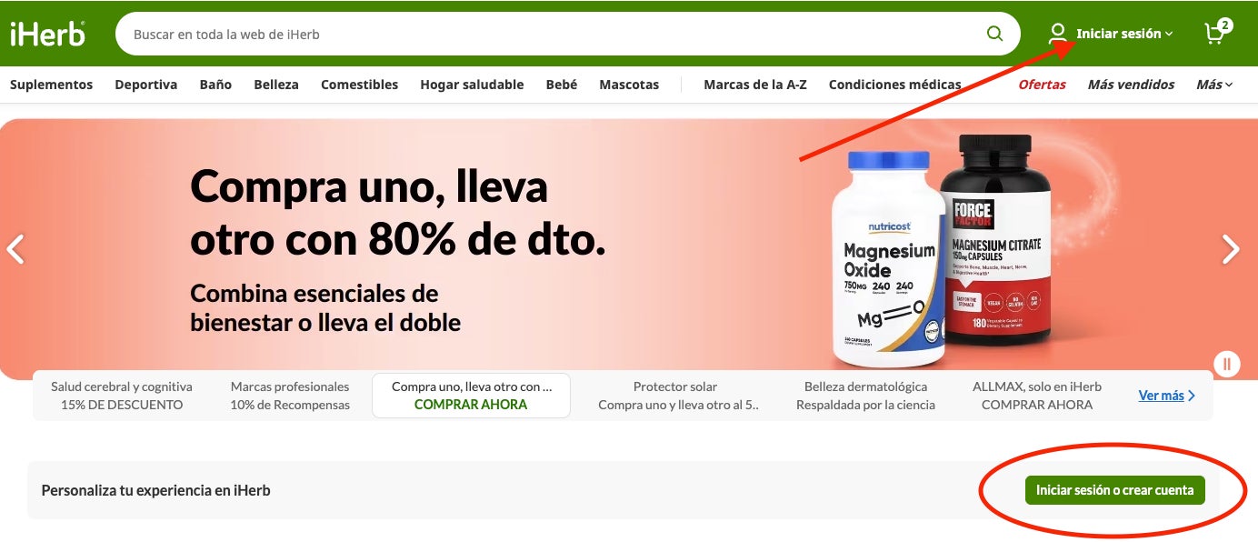 Botones para crear una cuenta iHerb