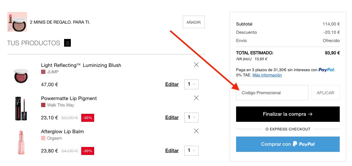 Donde aplicar el codigo descuento Nars