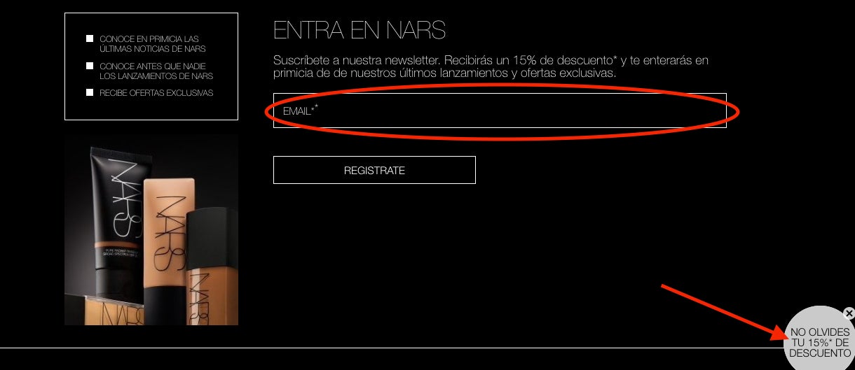 Casilla para suscribirte a Nars y conseguir el cupon del 15