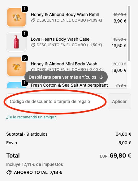 Casilla para aplicar el codigo descuento Wild