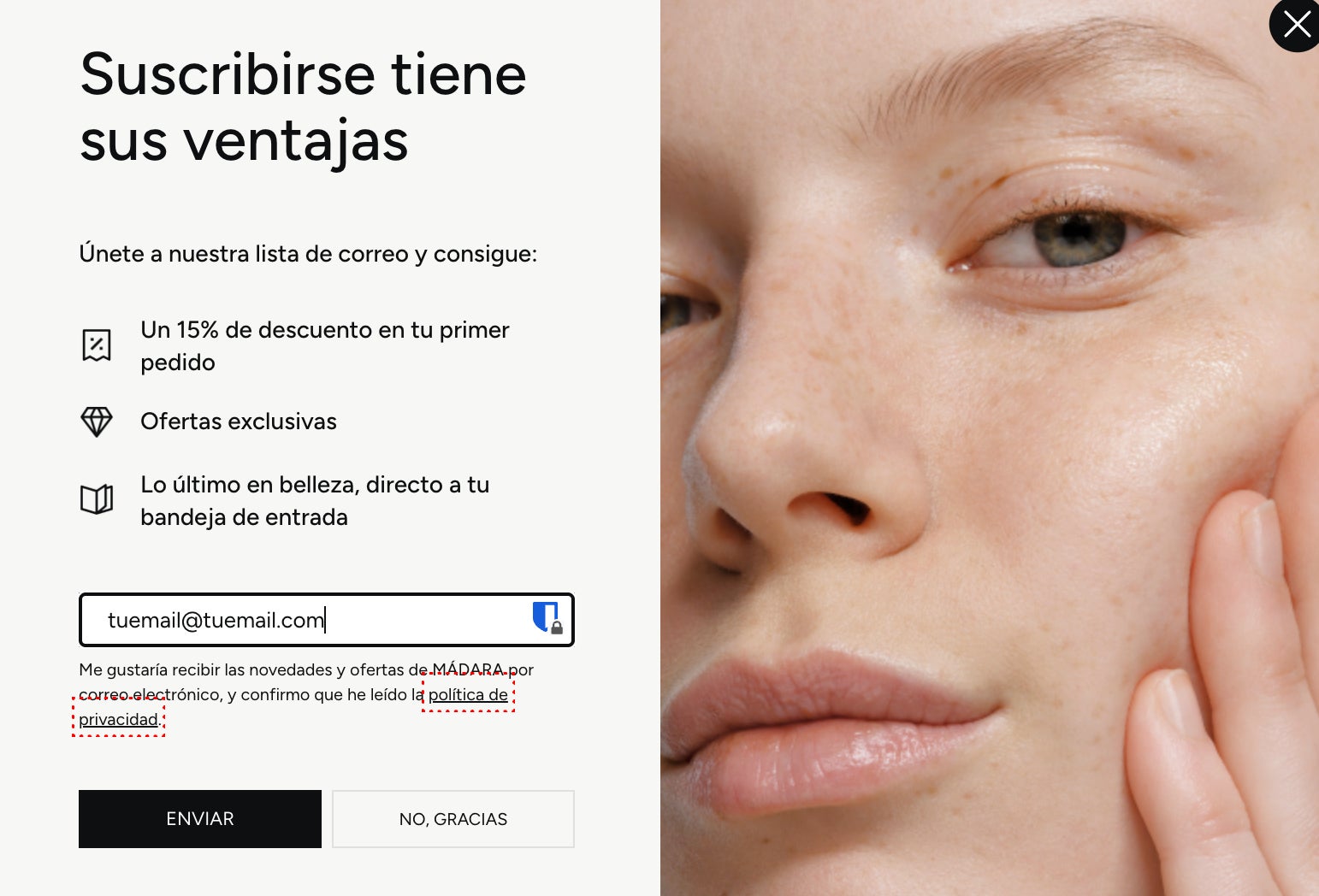 Casilla de suscripcion a la newsletter para conseguir el descuento Madara de bienvenida
