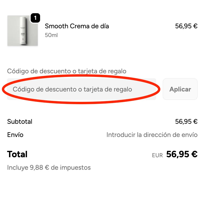 Casilla para aplicar el codigo descuento Madara