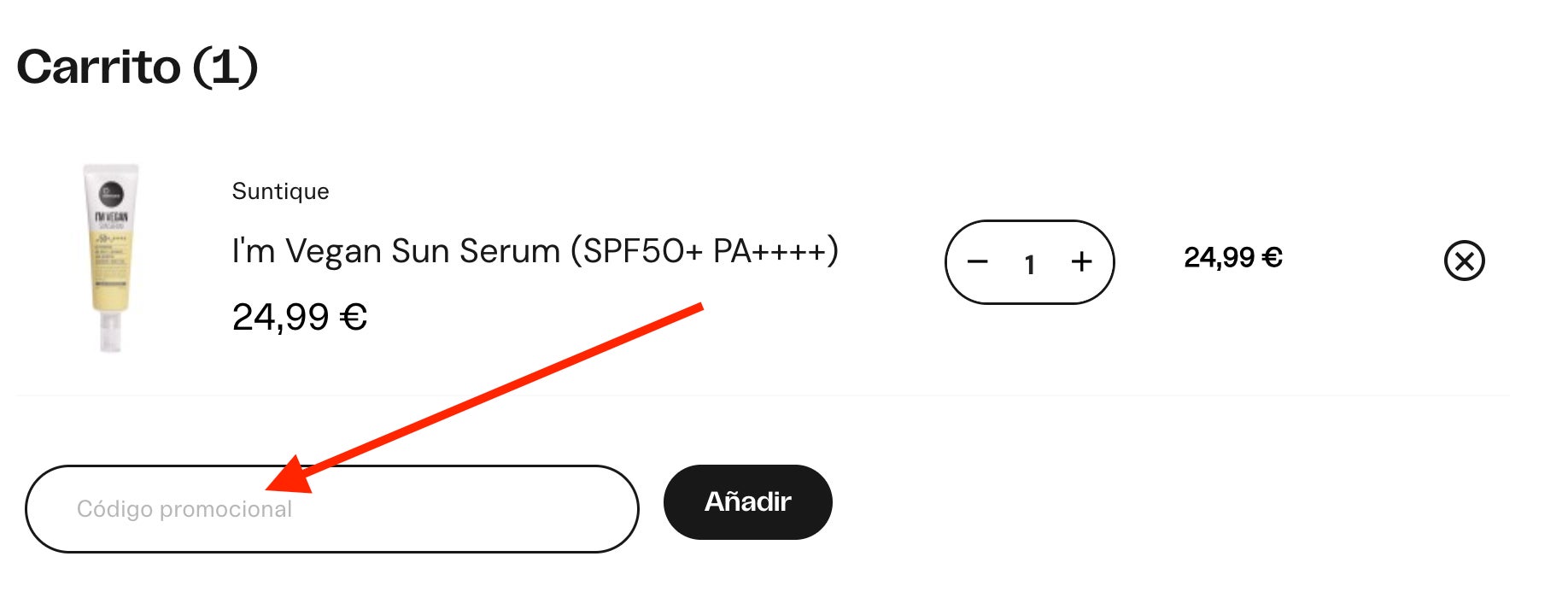 Casilla para aplicar el codigo descuento Miin Cosmetics en el carrito