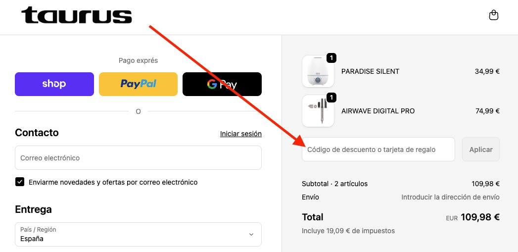 Casilla para aplicar el codigo descuento Taurus
