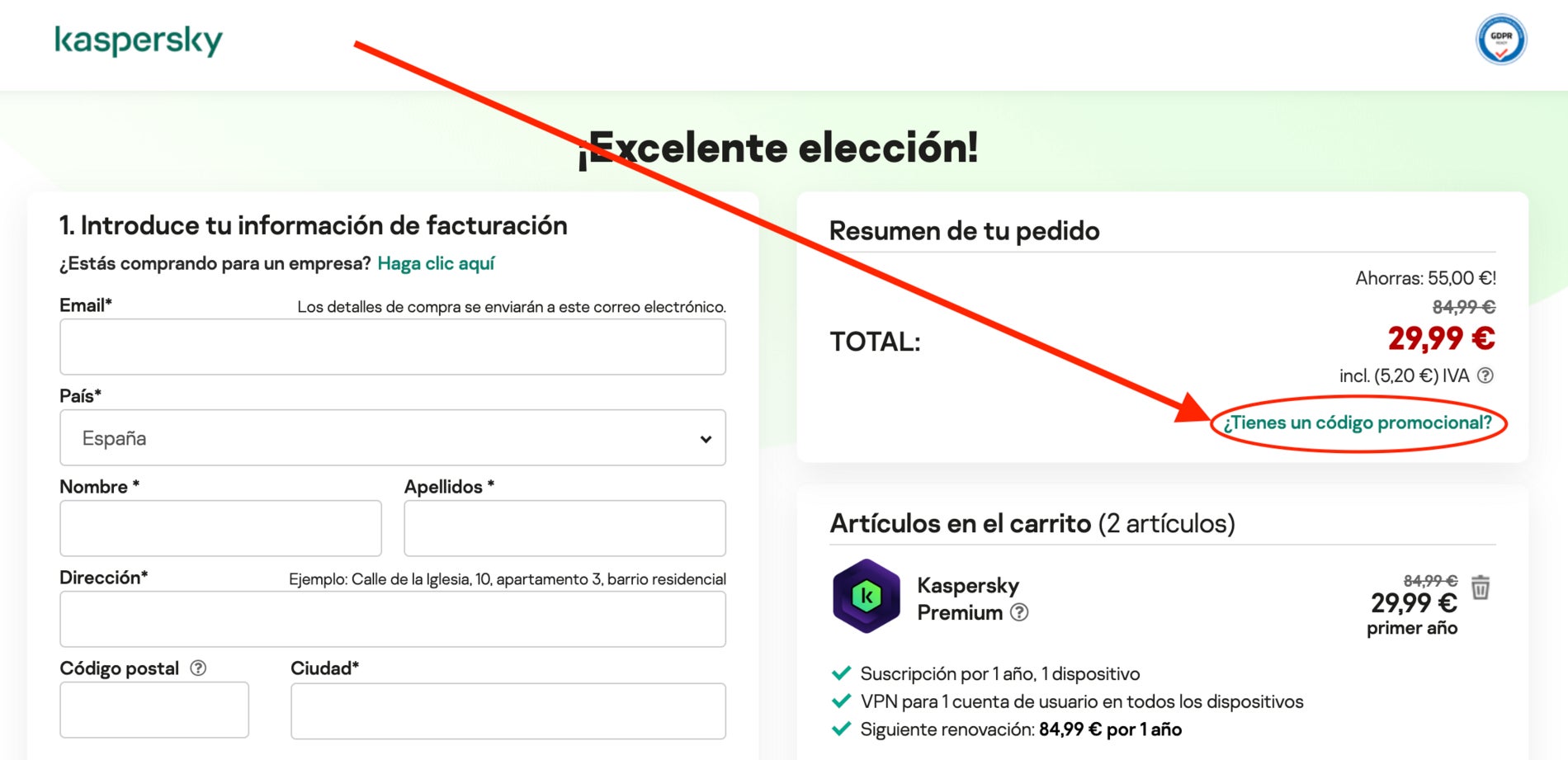 Como aplicar el codigo promocional Kaspersky