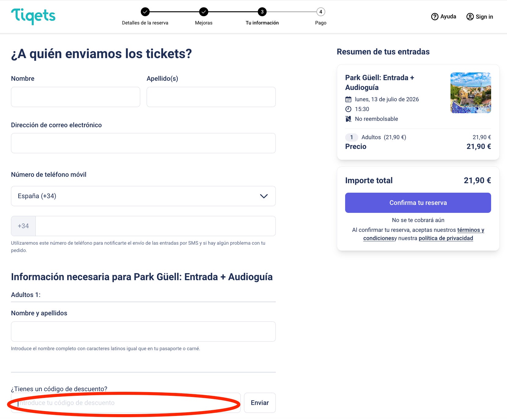 Donde aplicar el codigo descuento Tiqets