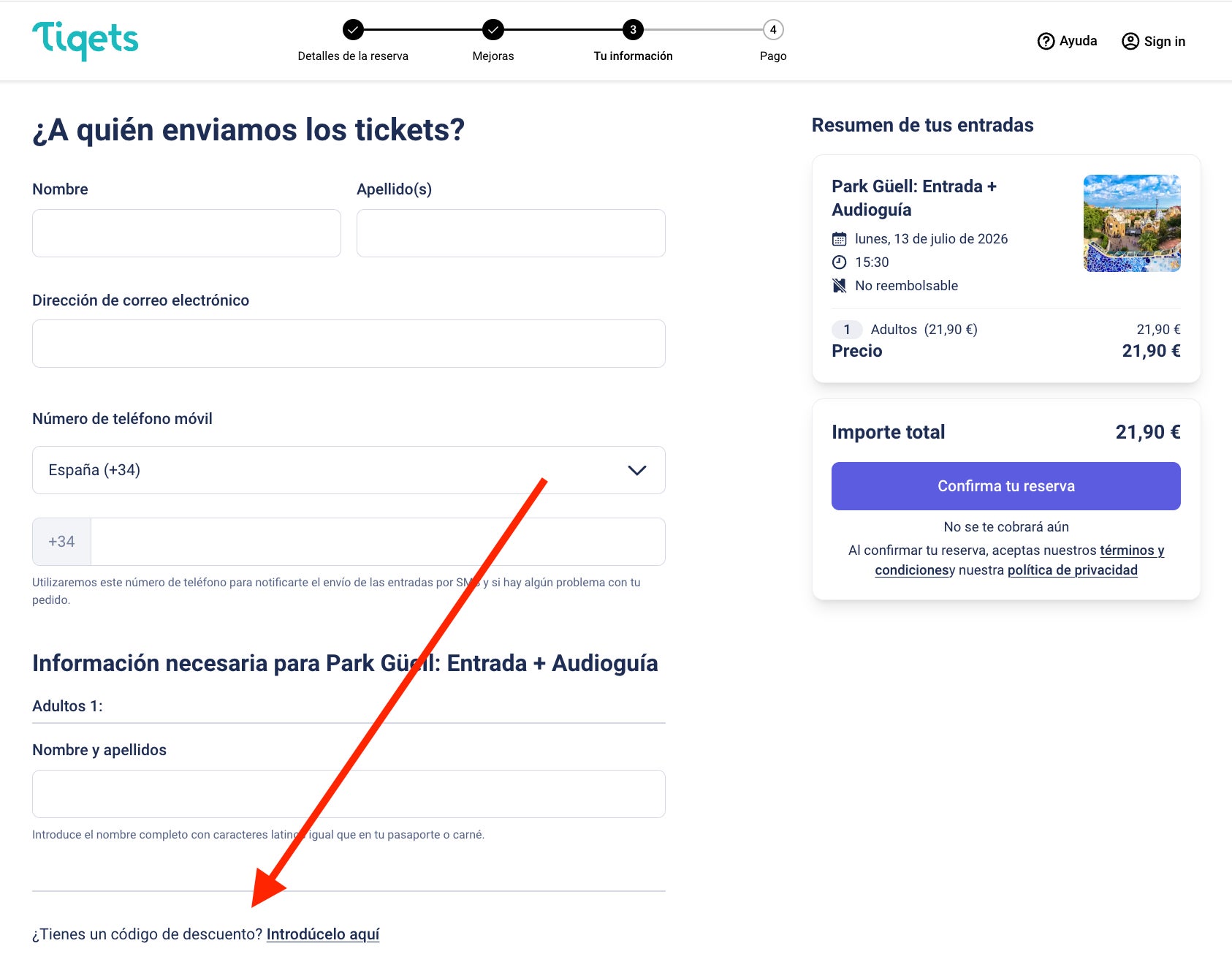 Como aplicar el codigo descuento Tiqets