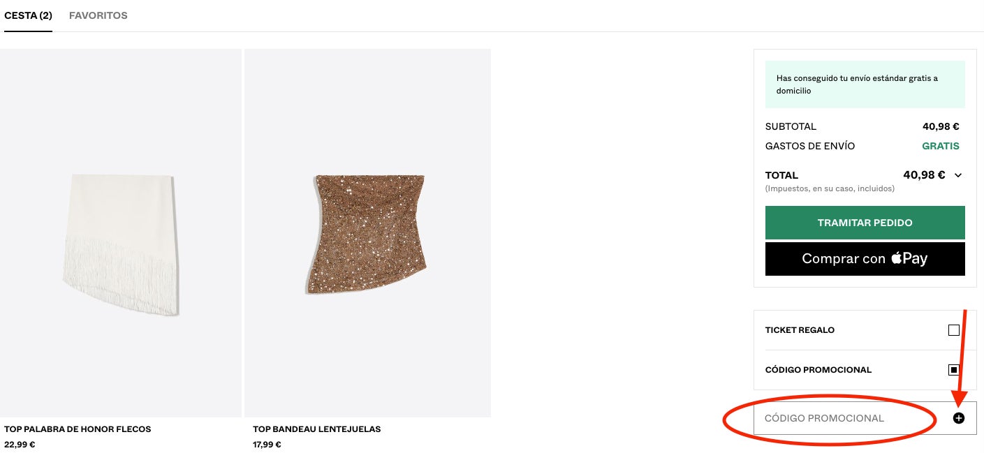Casilla para aplicar el codigo promocion Bershka