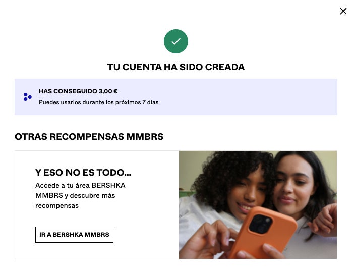 Mensaje de regalo descuento Bershka 3€ para miembros
