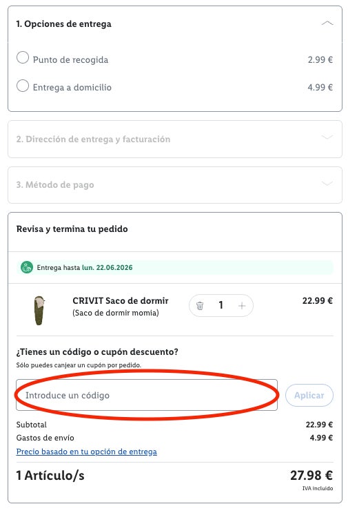 Casilla para aplicar el codigo descuento Lidl