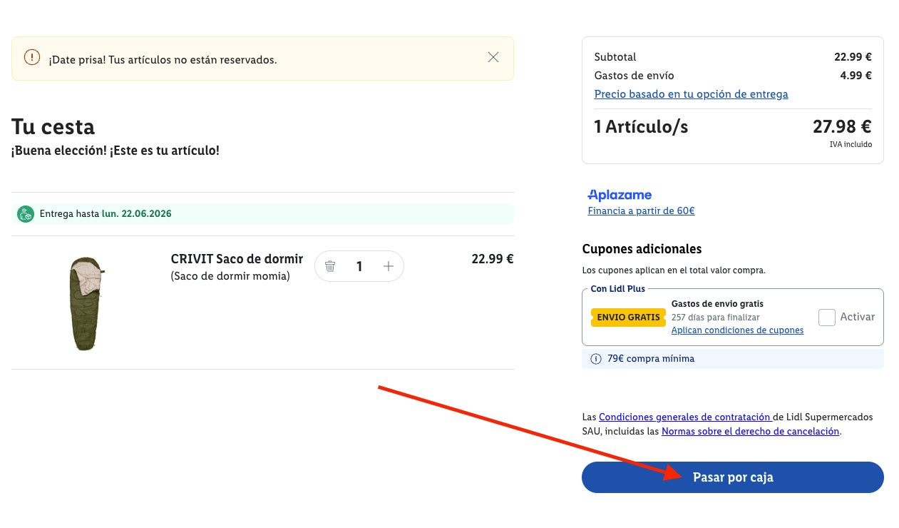 Cesta de Lidl antes de aplicar el codigo descuento