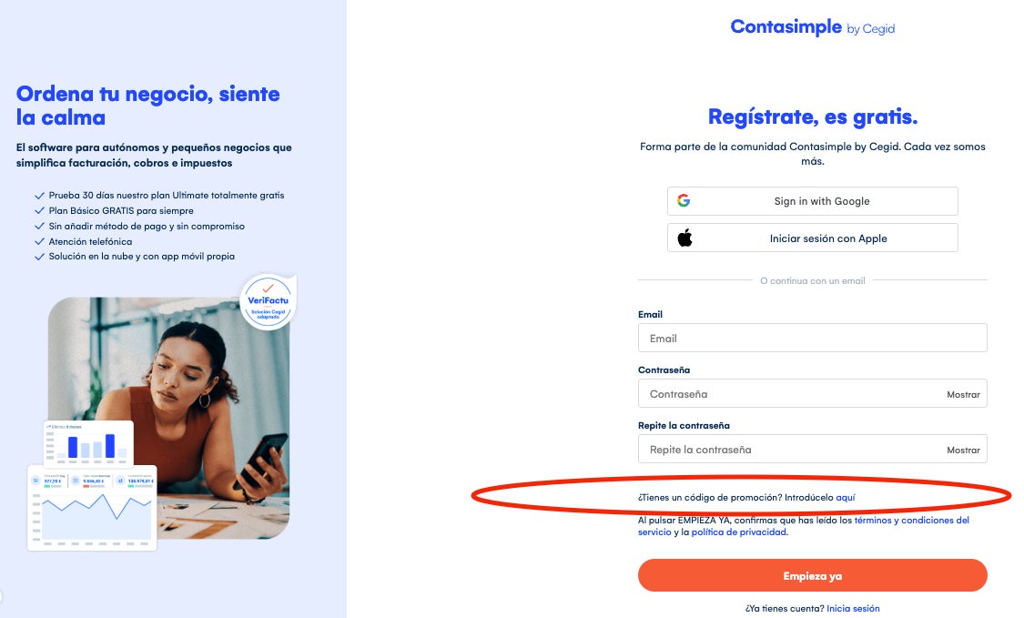 Donde aplicar codigo promocional Contasimple