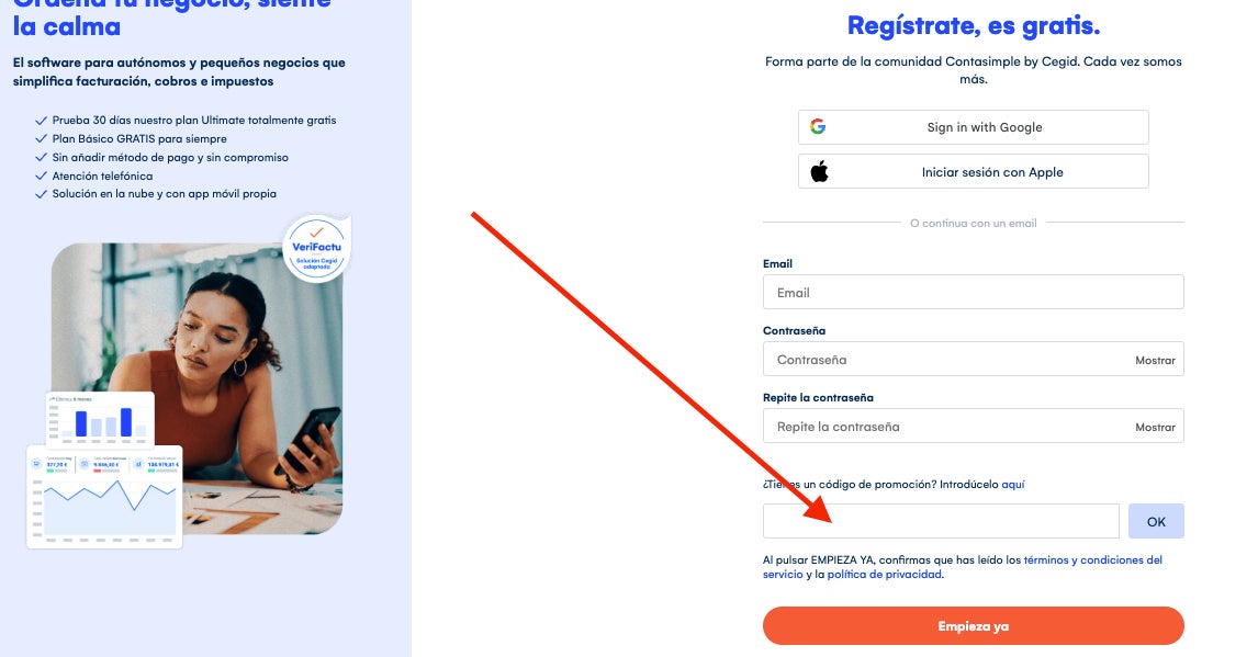 Casilla para aplicar el codigo de promocion Contasimple