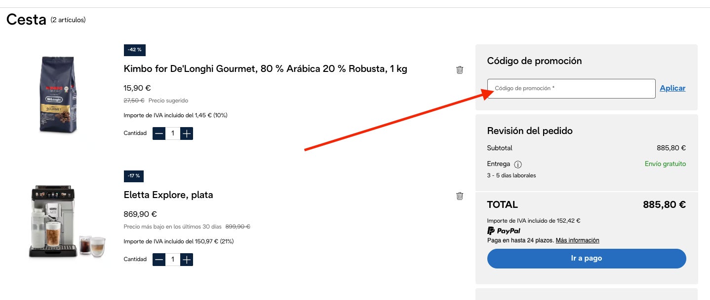 Donde aplicar el codigo descuento DeLonghi