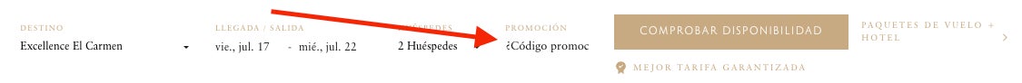 Casilla para aplicar el codigo descuento Excellence Resorts