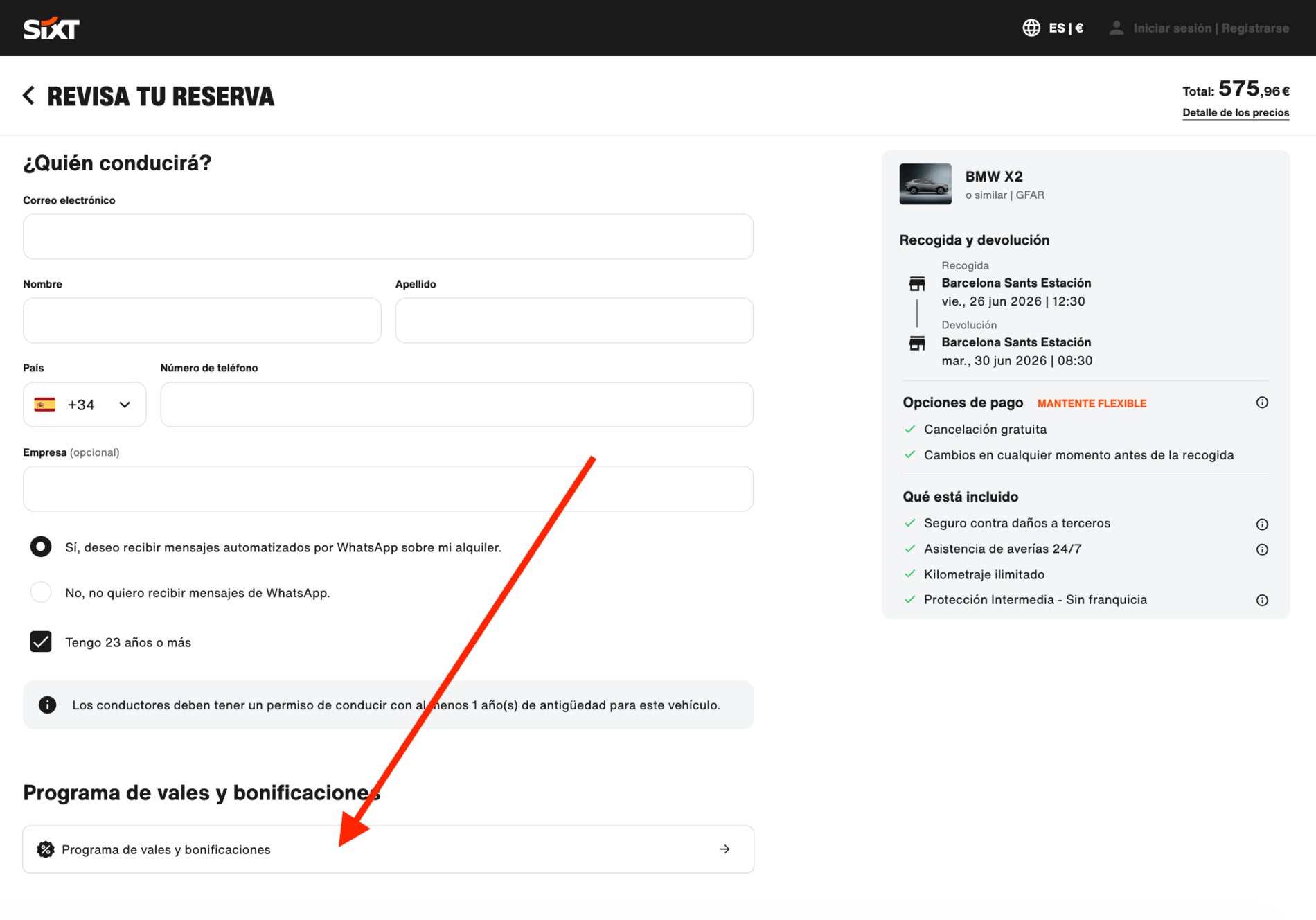 Espacio para aplicar el codigo descuento Sixt