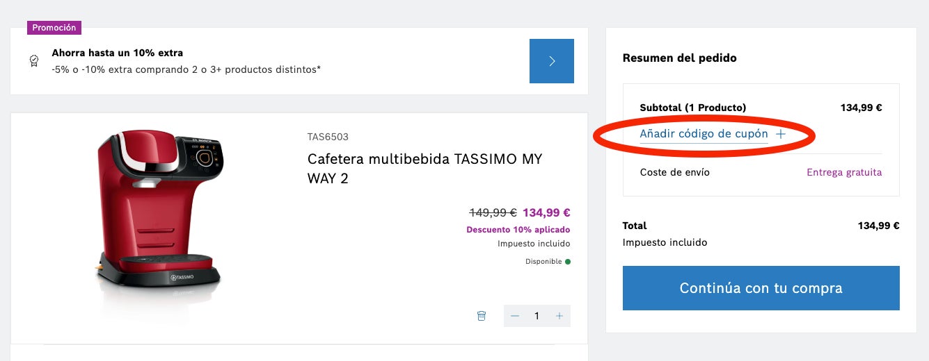 Espacio para aplicar el codigo promocional Bosch