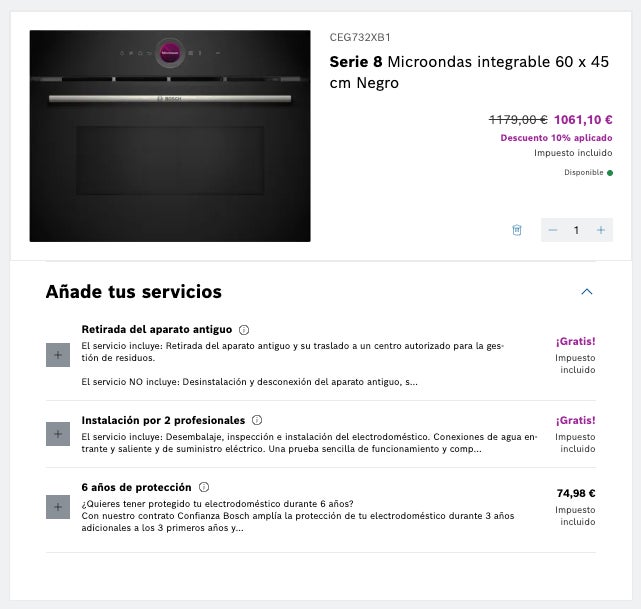 Carrito de la compra Bosch con los servicios disponibles