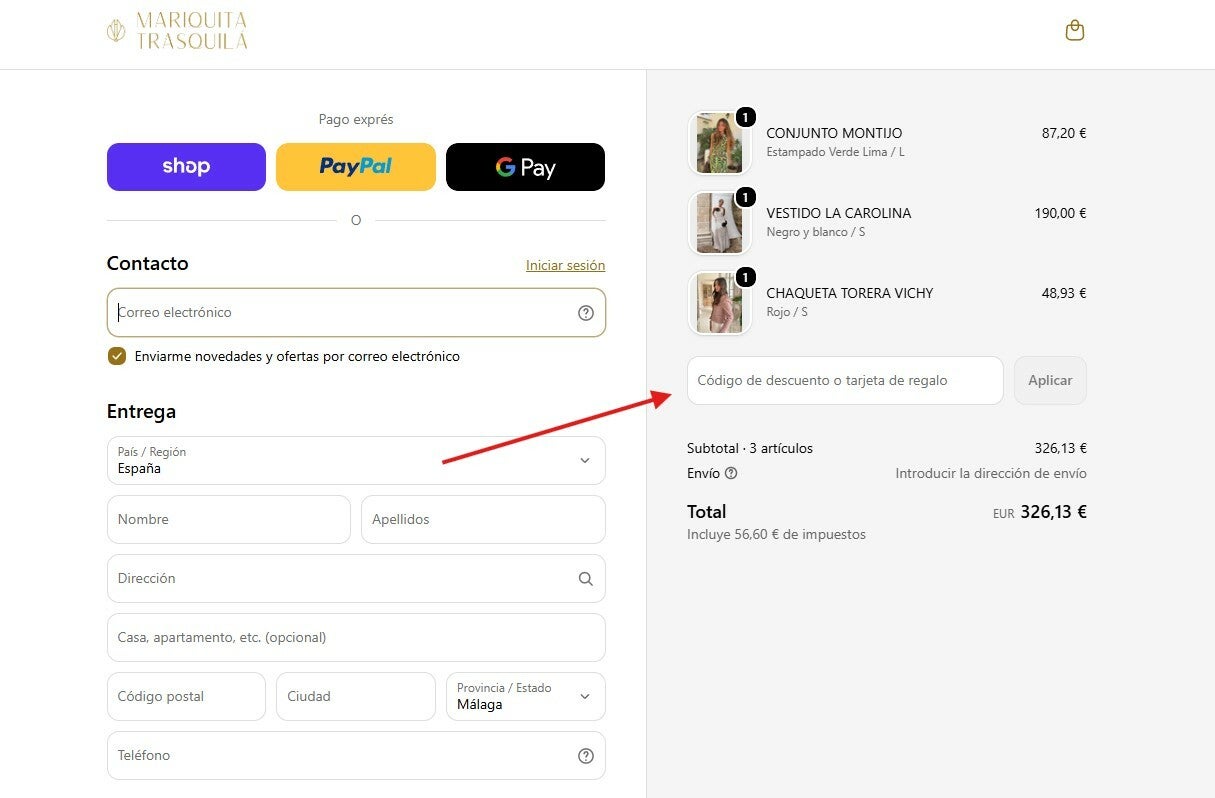 Donde aplicar el codigo descuento en Mariquita Trasquila