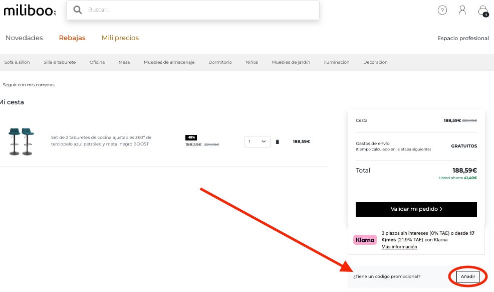 Donde aplicar el codigo descuento Miliboo
