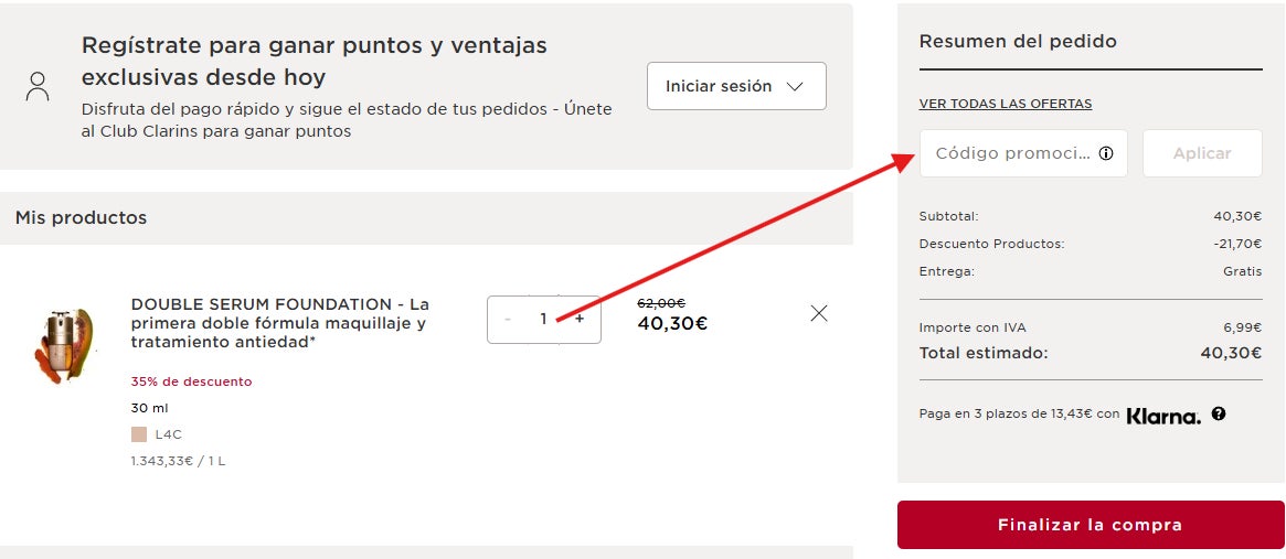 Donde se puede aplicar el codigo promocional Clarins