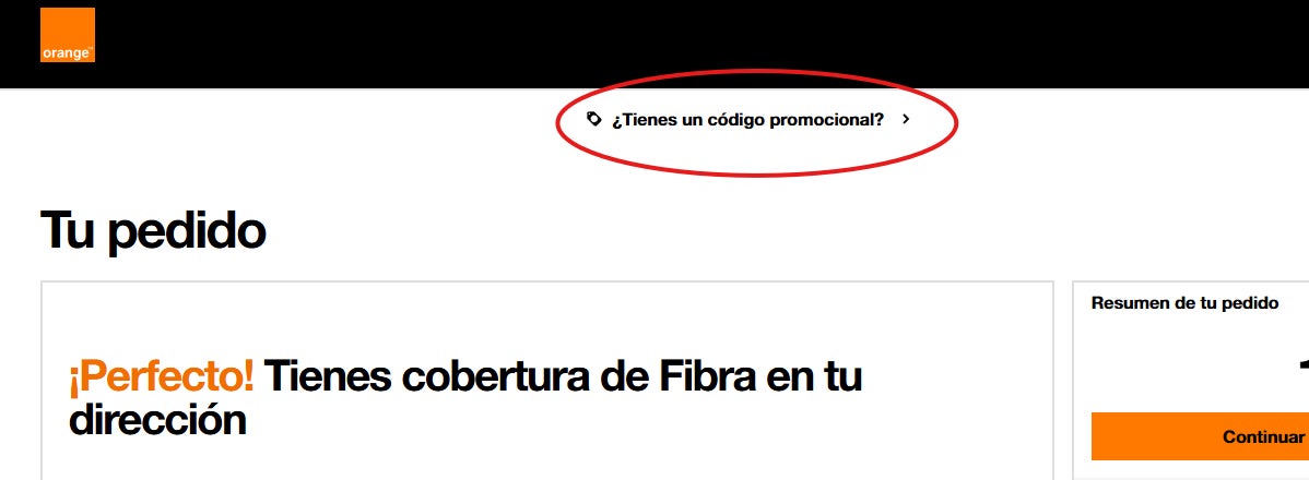 Como llegar hasta la casilla para canjear el codigo descuento orange
