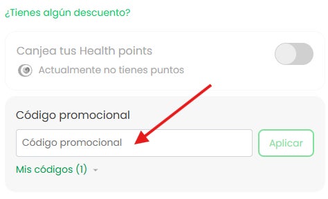 casilla donde puedes pegar el codigo descuento promofarma