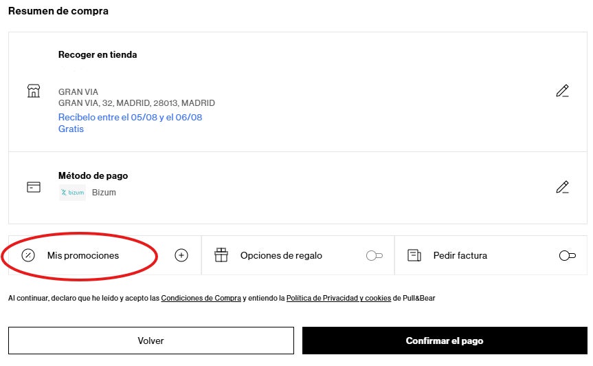 como podemos llegar al recuadro para canjear el codigo promocional pull and bear