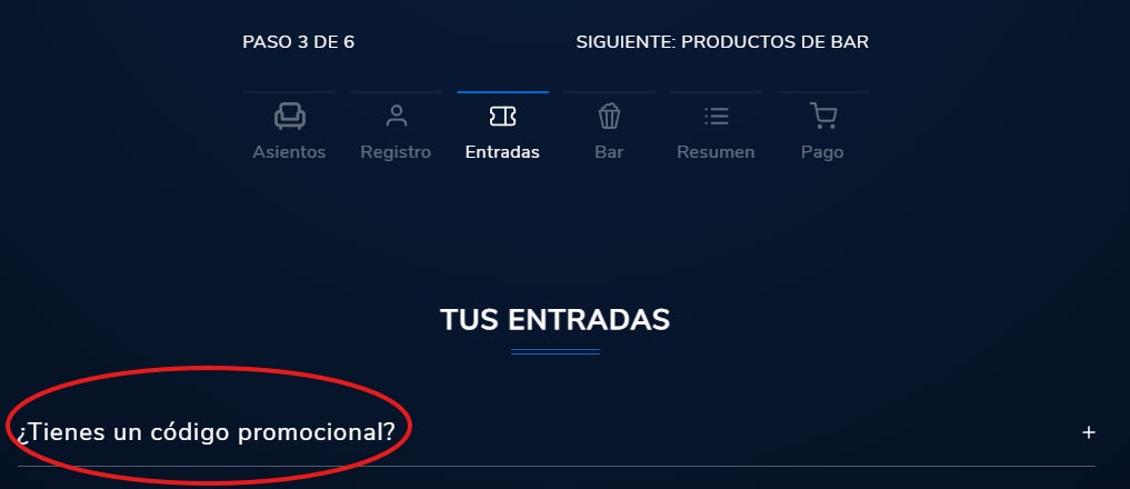 como desplegar la casilla para el codigo promocional cinesa